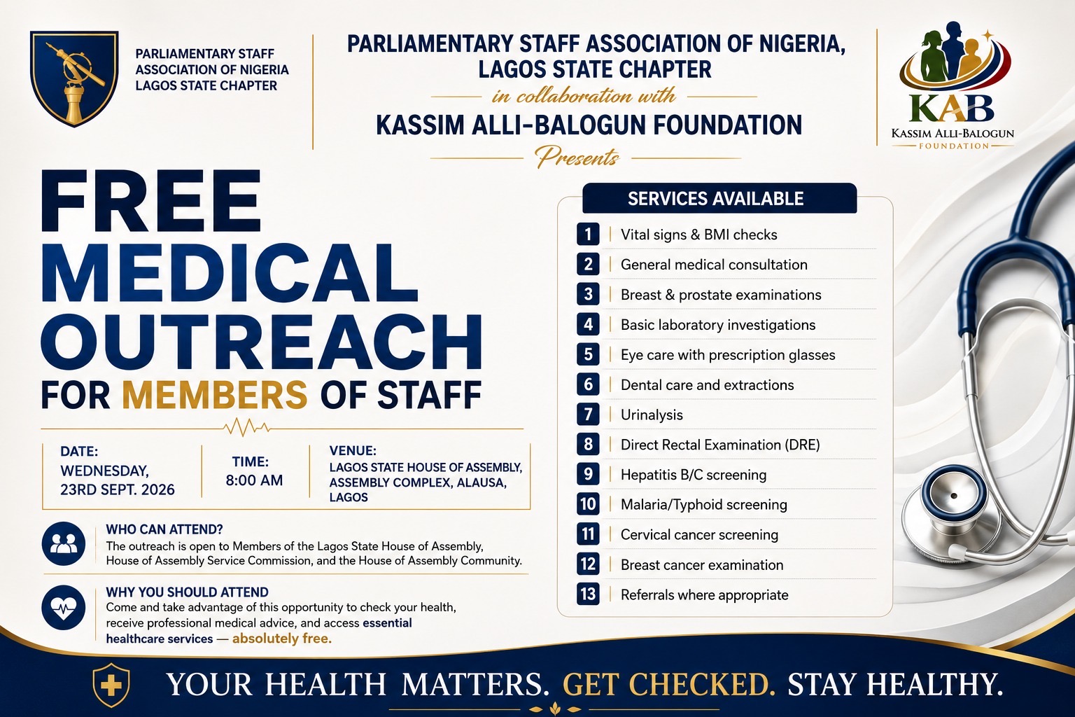 September 23, 2026 free medical outreach banner showing PASAN Lagos State Chapter and KAB Foundation, Alausa venue and advertised services